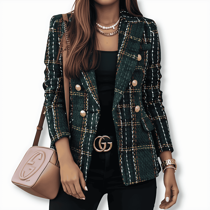 Blazer donna doppiopetto elegante, stile classico, bottoni dorati, perfetto per ufficio e look casual chic.