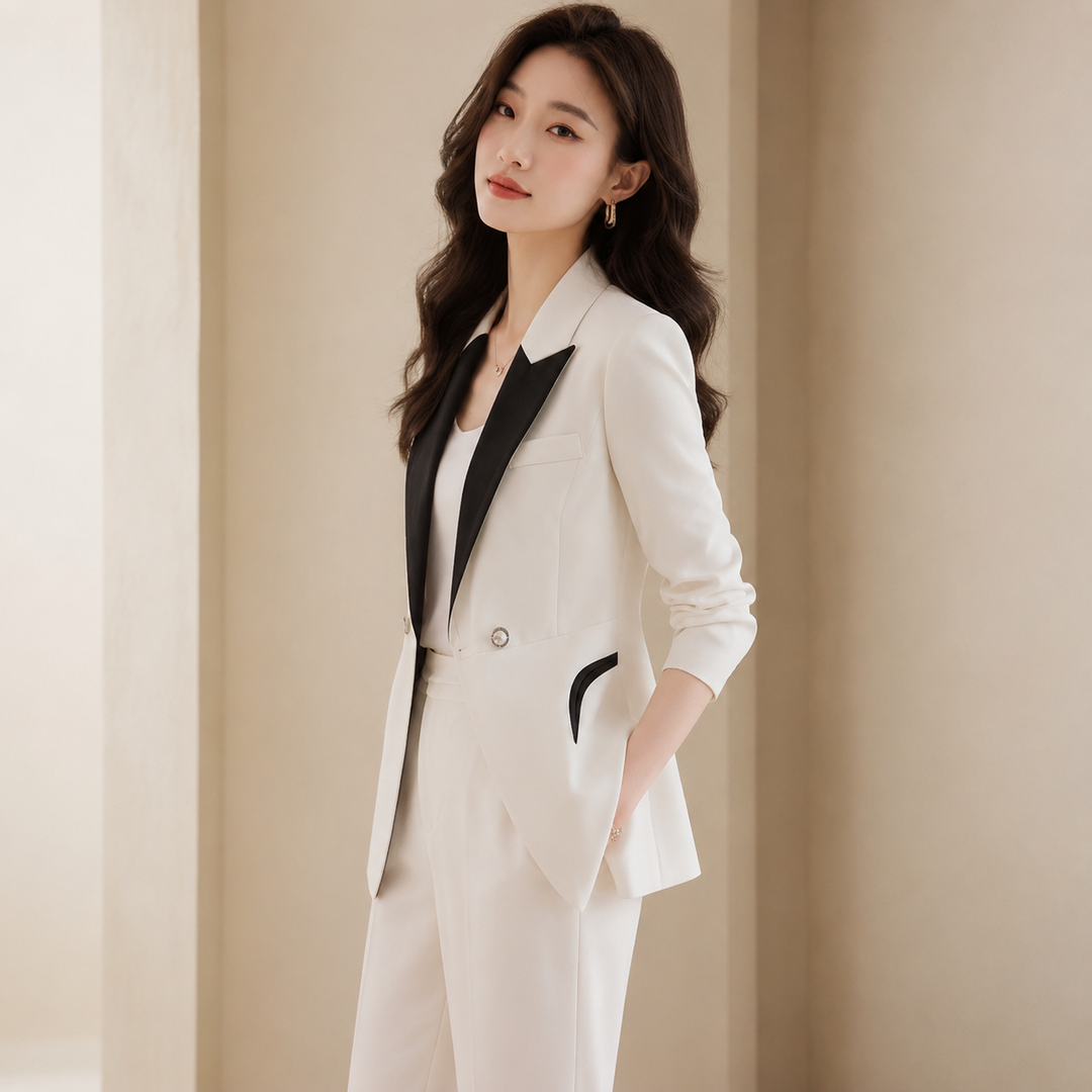 Giacca blazer donna bianca sartoriale con revers a contrasto neri, capo versatile per stile e moda femminile.