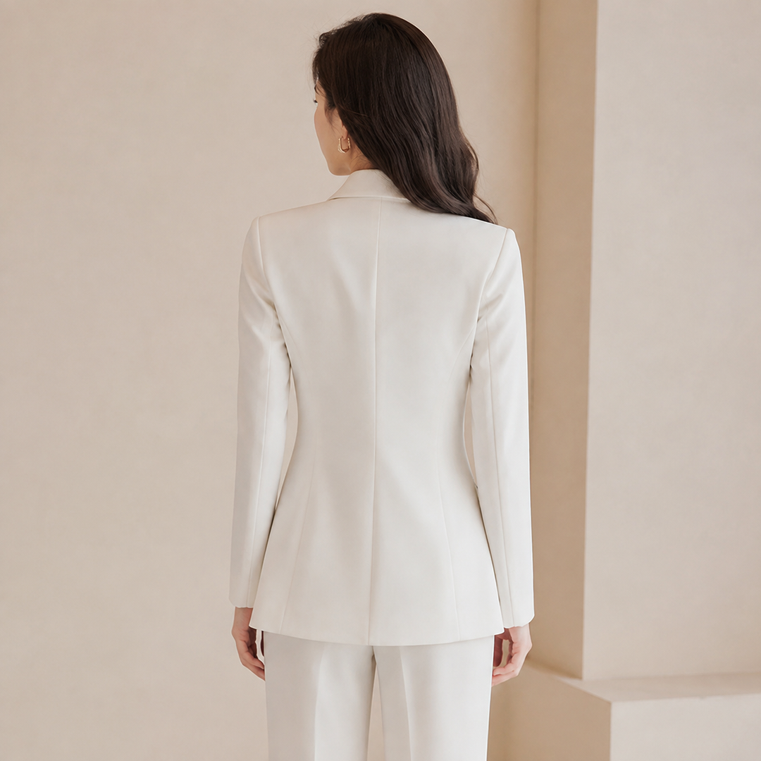 Blazer bianco da donna con revers neri a contrasto, un capo sartoriale per un look sofisticato e di tendenza.