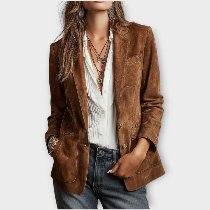 Blazer donna vintage elegante con tasche applicate, perfetto per un look retrò autunnale e casual.
