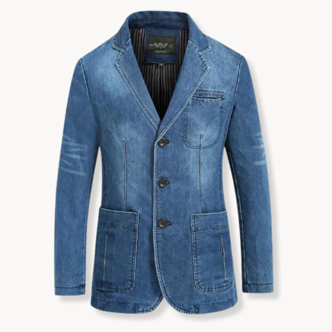 Blazer casual elegante uomo blu. Giacca versatile con bottoni e tasche, per look moderni e distintivi.
