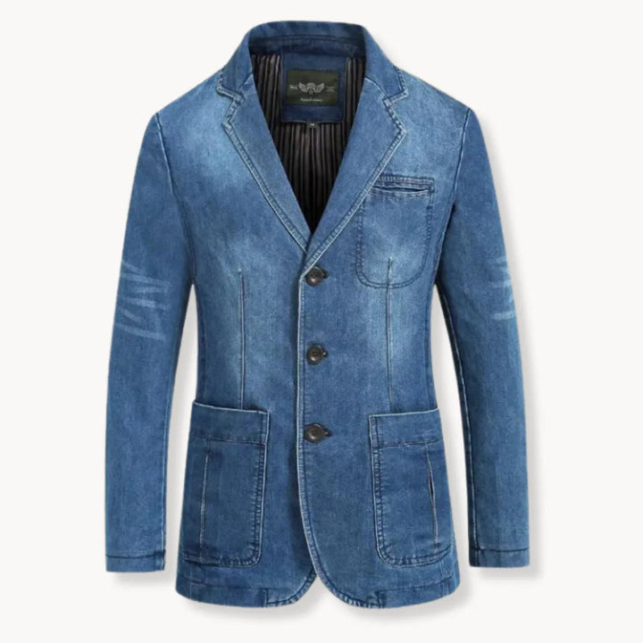 Blazer casual elegante uomo blu. Giacca versatile con bottoni e tasche, per look moderni e distintivi.