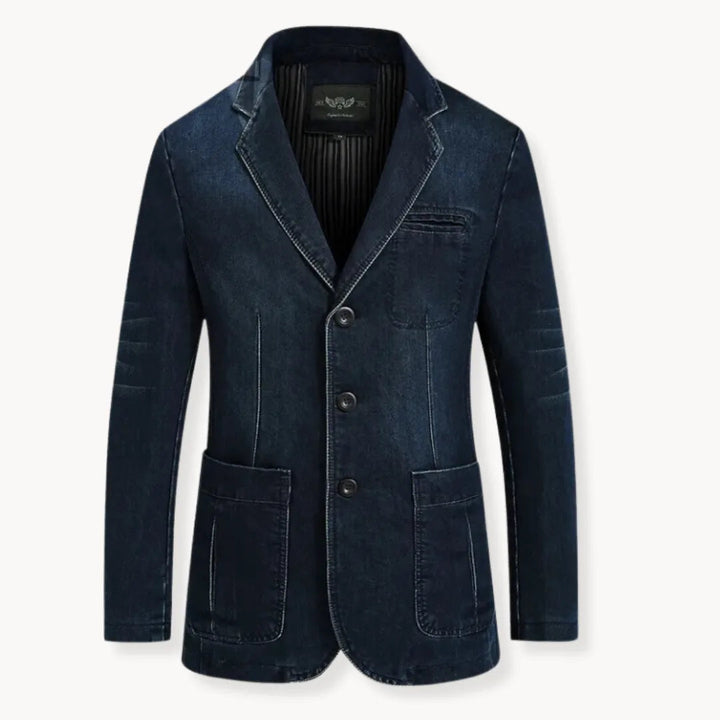 Blazer uomo elegante casual blu scuro con bottoni e tasche. Perfetto per outfit moderni.