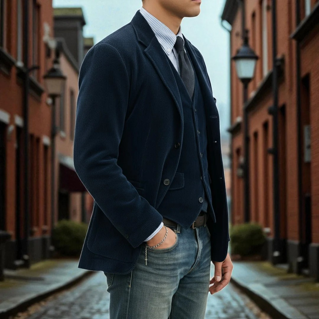 Blazer uomo elegante, capo versatile per look formale, casual chic, disponibile in blu, marrone, verde o nero.