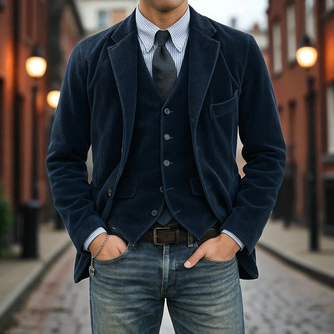 Giacca elegante uomo, blazer classico, vestibilità perfetta, abbigliamento maschile, stile formale e casual.
