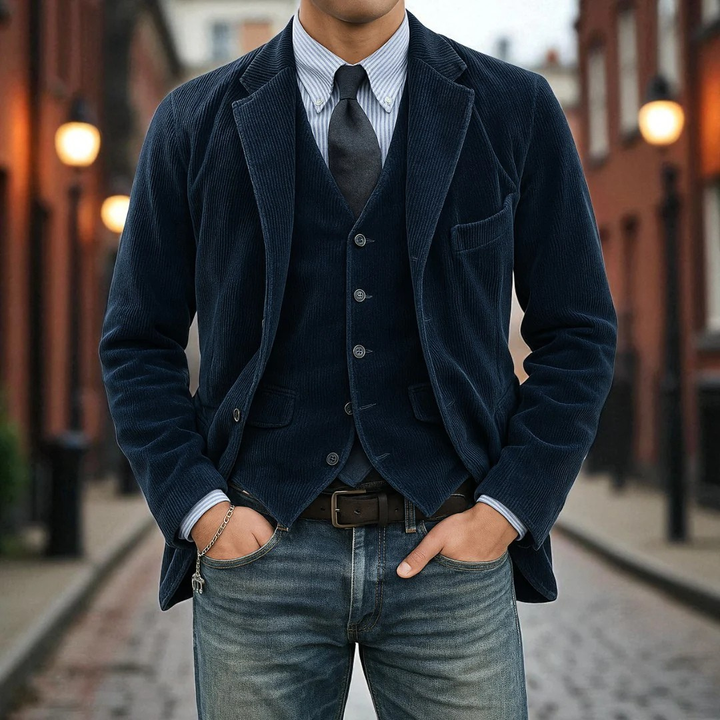 Giacca elegante uomo, blazer classico, vestibilità perfetta, abbigliamento maschile, stile formale e casual.