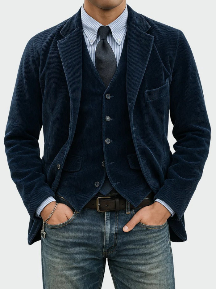 Blazer uomo elegante blu, revers classico, vestibilità perfetta per stile formale e casual chic.