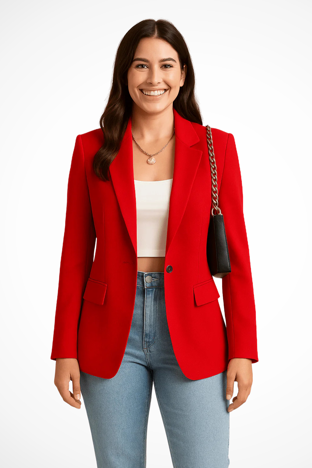 Blazer donna rosso elegante slim fit, giacca chic con bottone singolo.