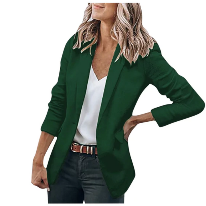 Giacca blazer donna, revers classici, aperta, perfetta per un look professionale in ufficio o casual chic.