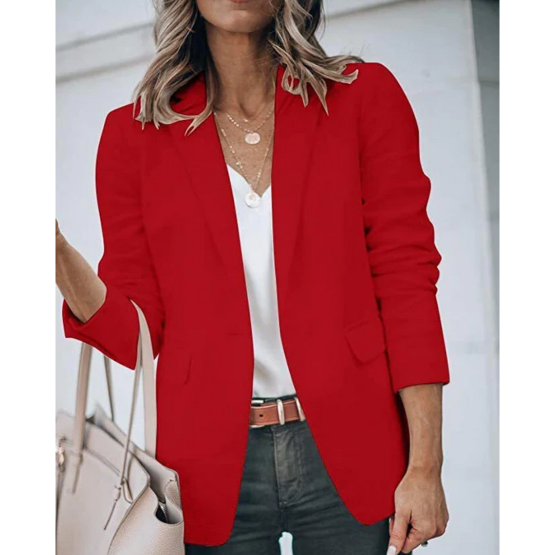 Giacca blazer da donna primaverile, taglio aperto, revers classici, perfetta per outfit casual o formali.