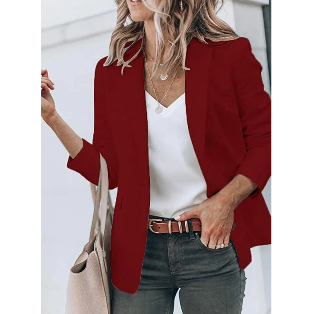 Giacca blazer da donna colorata, revers classici, aperta sul davanti, perfetta per la moda primavera ufficio.