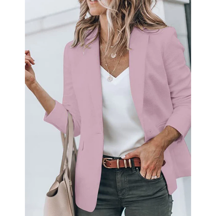 Giacca da ufficio donna, stile aperto, revers classici, blazer versatile per abbinamenti primaverili e moda.
