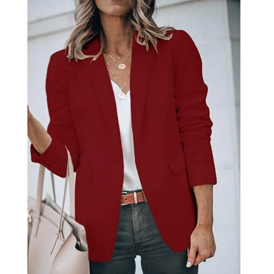 Blazer da donna aperto con revers classici, ideale per un look elegante e professionale in ufficio.