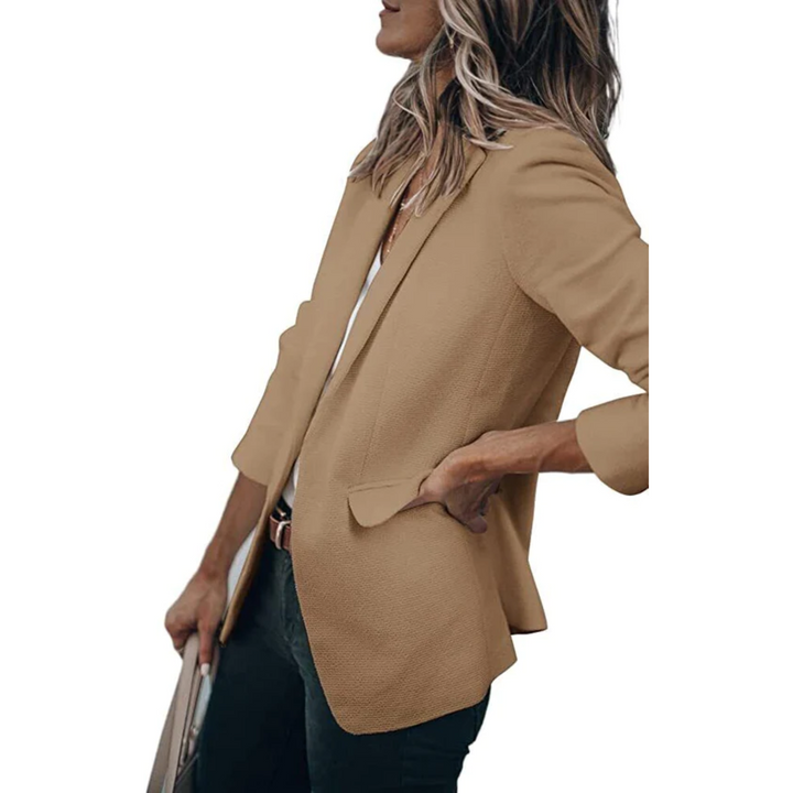 Blazer donna elegante per ufficio, aperto, revers classici, perfetto per un look sofisticato e di tendenza.