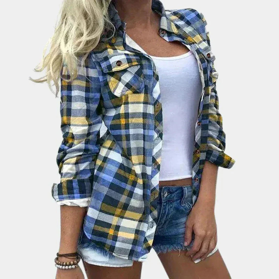 Elegante camicetta a quadri da donna, perfetta per ufficio o tempo libero. Top di moda versatile per primavera e autunno.