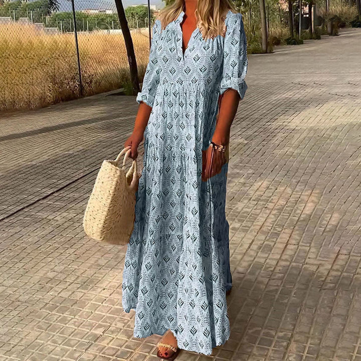 Abito lungo donna elegante boho con scollo a V, leggero e fluido, perfetto per l'estate e vacanze.