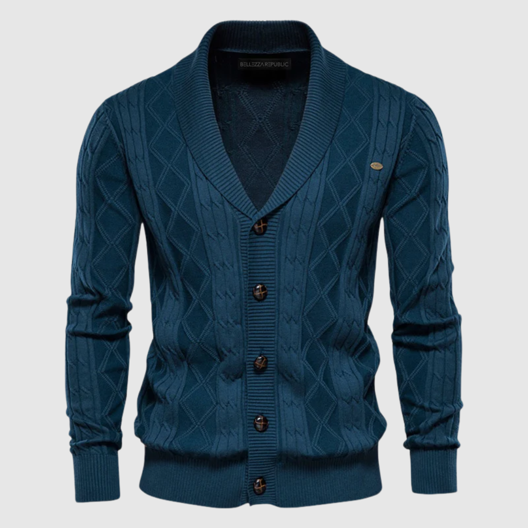 Cardigan uomo confortevole con trama geometrica, essenziale per moda autunnale e invernale.