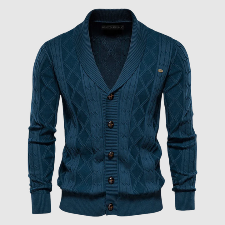 Cardigan uomo confortevole con trama geometrica, essenziale per moda autunnale e invernale.