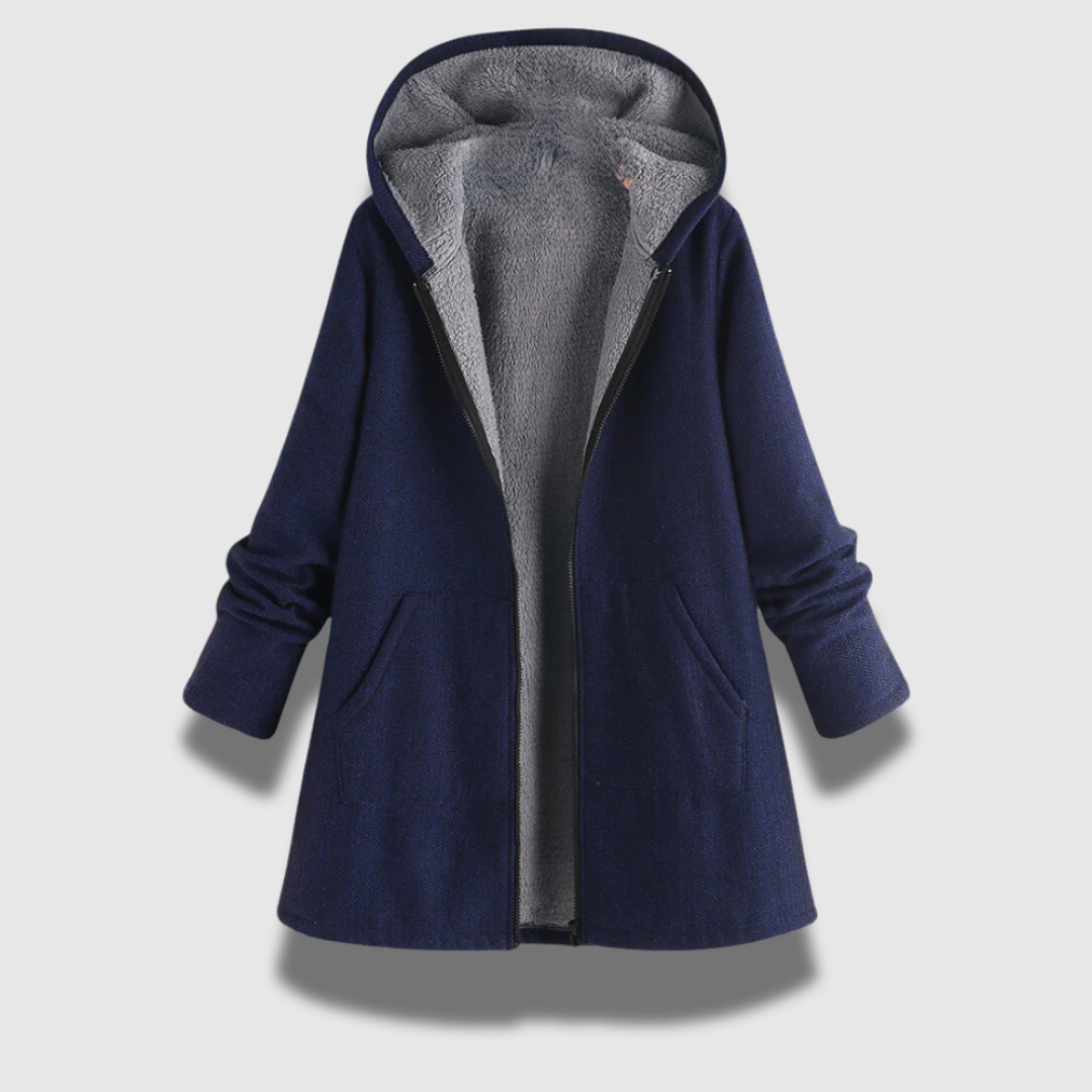 Giacca invernale donna elegante con cappuccio, perfetta per protezione dal freddo e look casual chic.