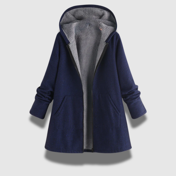 Giacca invernale donna elegante con cappuccio, perfetta per protezione dal freddo e look casual chic.