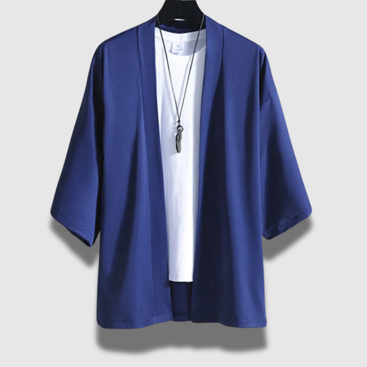 Giacca uomo kimono leggero versatile per stratificazione, aggiunge un tocco di eleganza casual all'abbigliamento maschile.