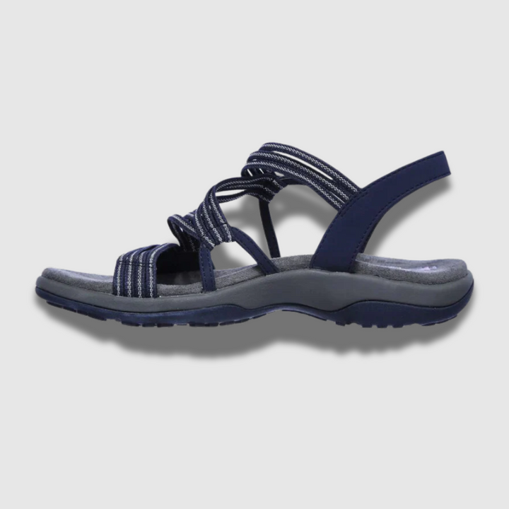 Eleganti sandali donna neri con suola ammortizzata, perfetti per lunghe camminate estive e moda donna.