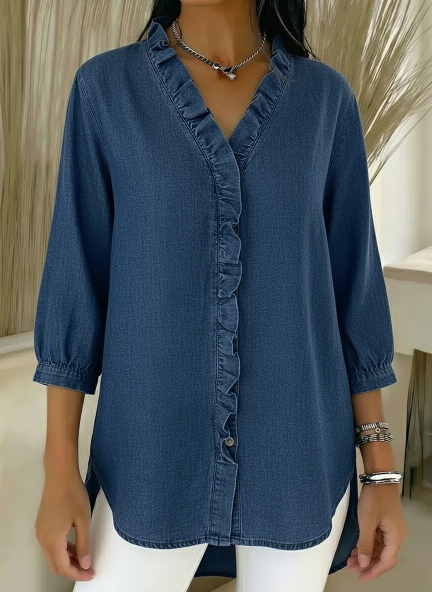 Top donna comfort style: blusa con scollo a V e volant, maniche 3/4 per un look casual ed elegante.