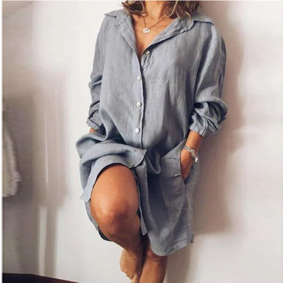 Moda donna: vestito chemisier casual con maniche lunghe, ideale per primavera/estate e comfort quotidiano.