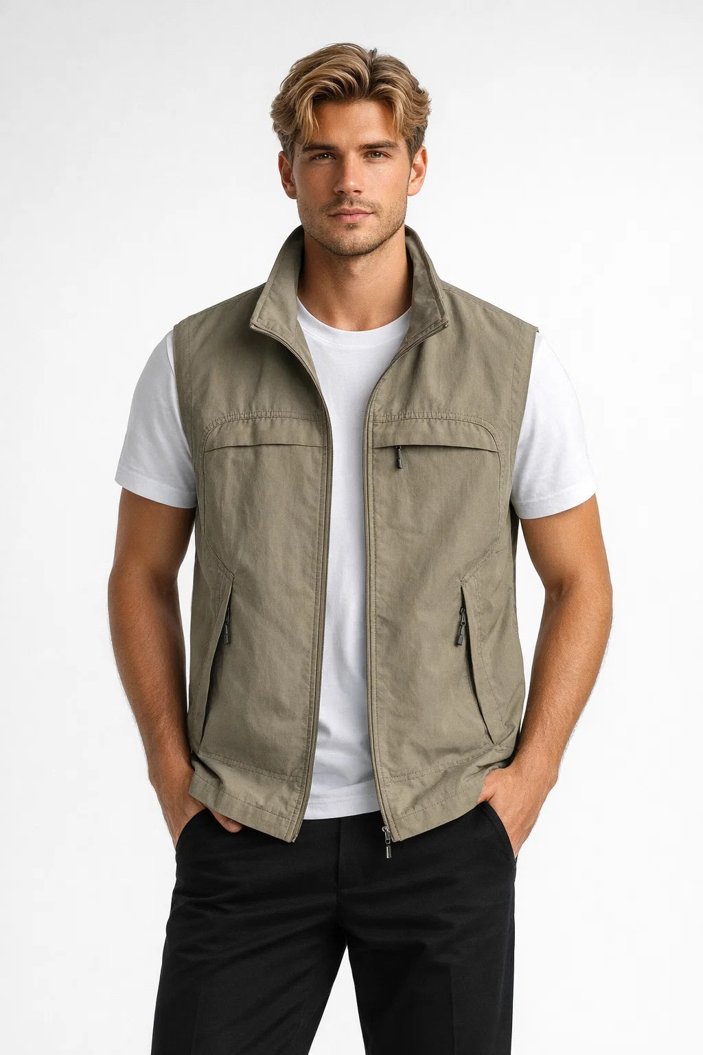 Smanicato da uomo versatile, ideale per un abbigliamento casual e confortevole. Gilet leggero.