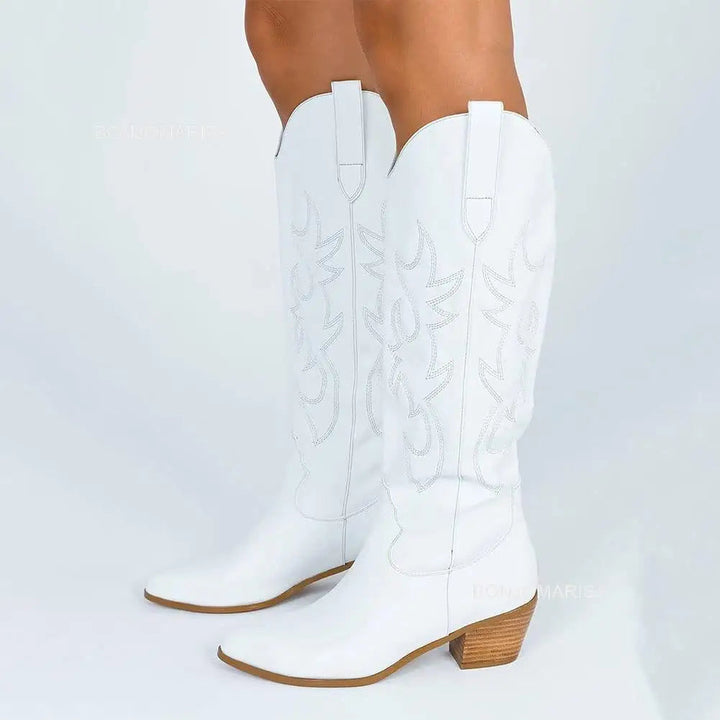 Eleganti stivali cowboy da donna a punta con tacco medio, calzature autunnali versatili per ogni outfit.
