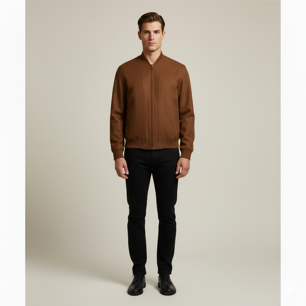 Bomber uomo marrone casual con cerniera e tasche laterali, ideale per stile urbano e mezza stagione.