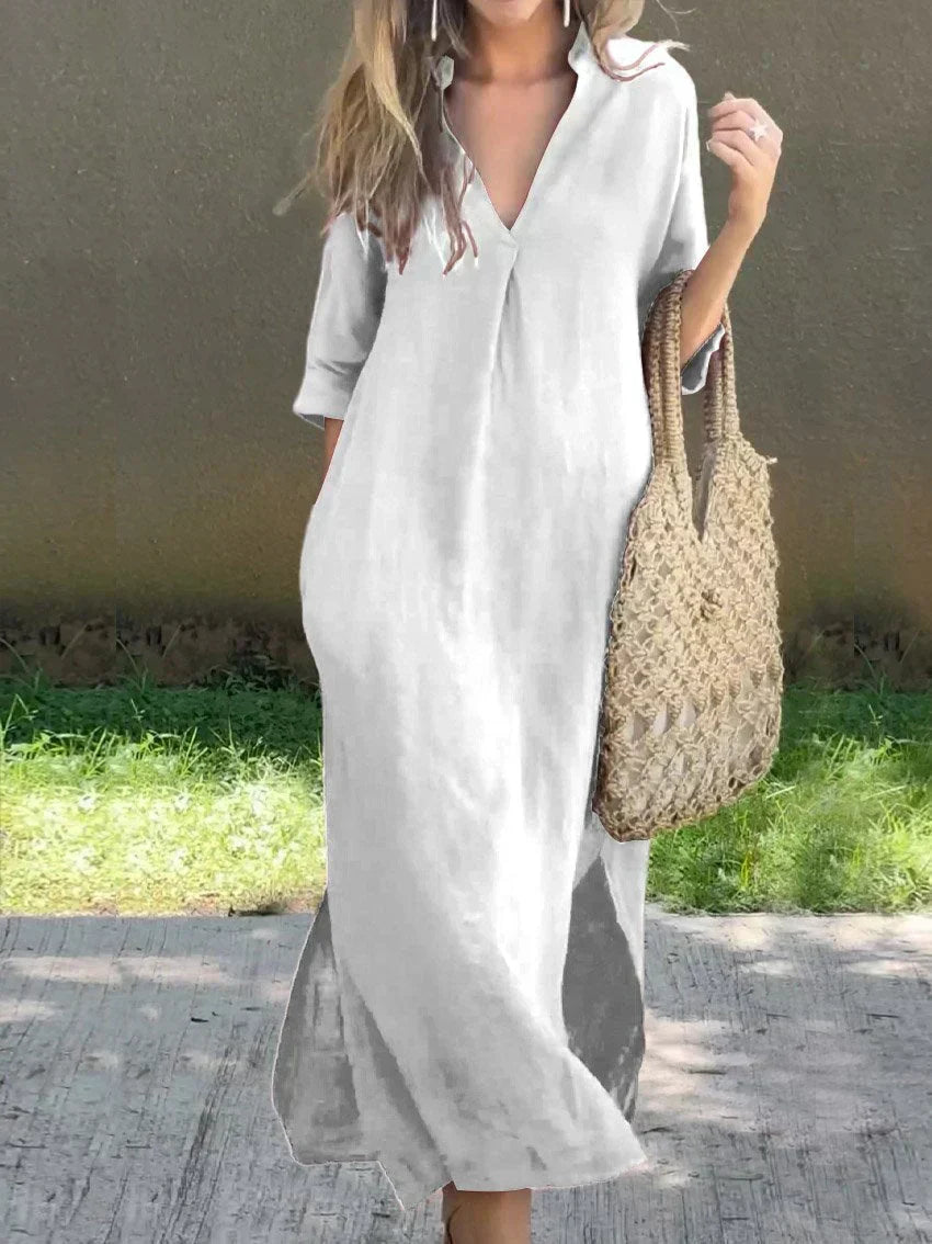 Abito donna casual fluido, colore neutro. Morbido e con maniche corte, un capo essenziale per l'estate.