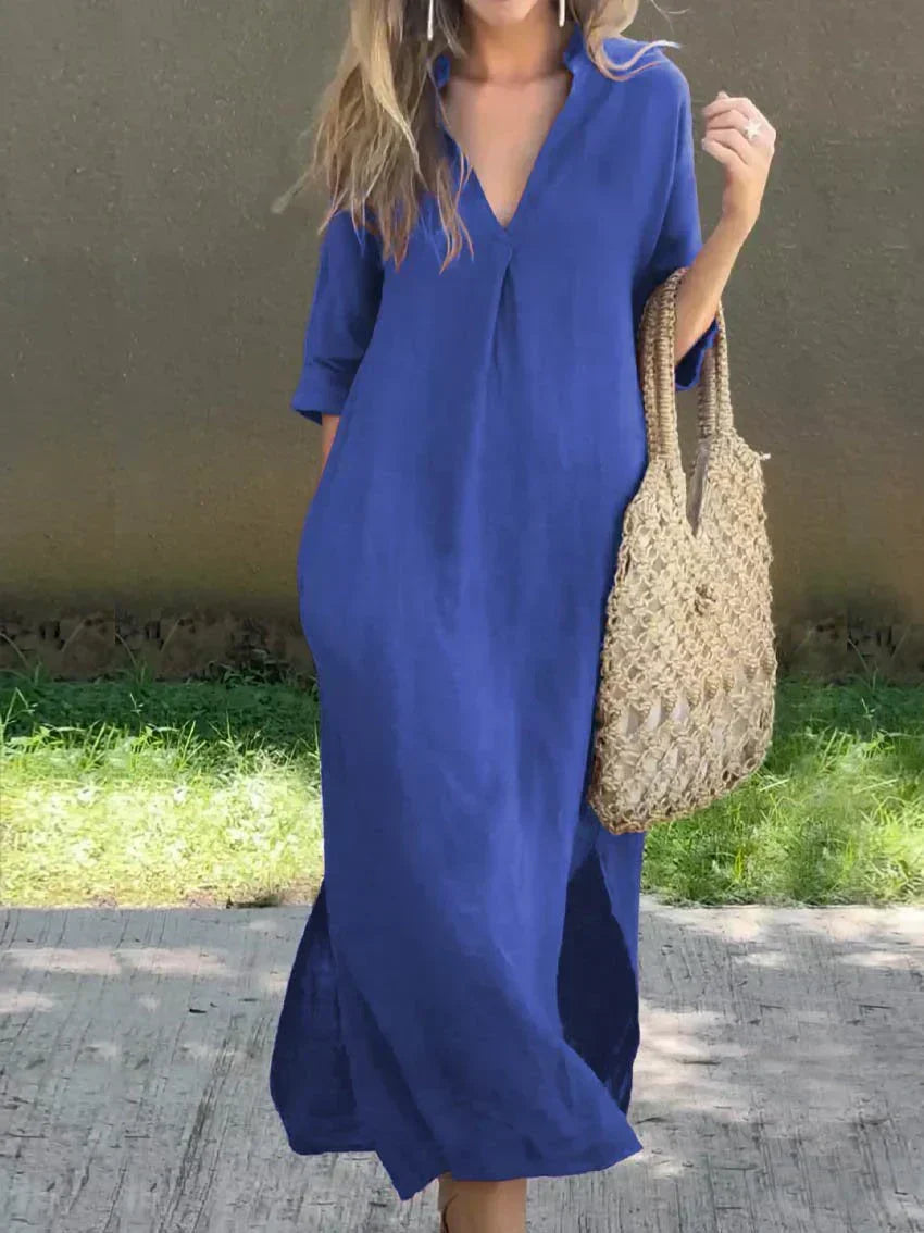Dettaglio manica corta di abito donna morbido e fluido, perfetto per un look casual e confortevole estivo.