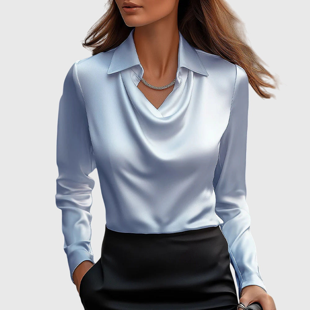 Top chic donna, satinato lucido, scollo a drappeggio. Blusa a maniche lunghe, per un look serale distintivo.