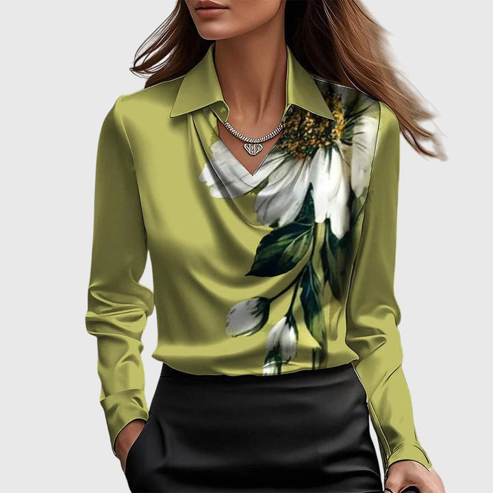 Top satinato donna, maniche lunghe, scollo elegante a drappeggio. Ideale per un guardaroba sofisticato.