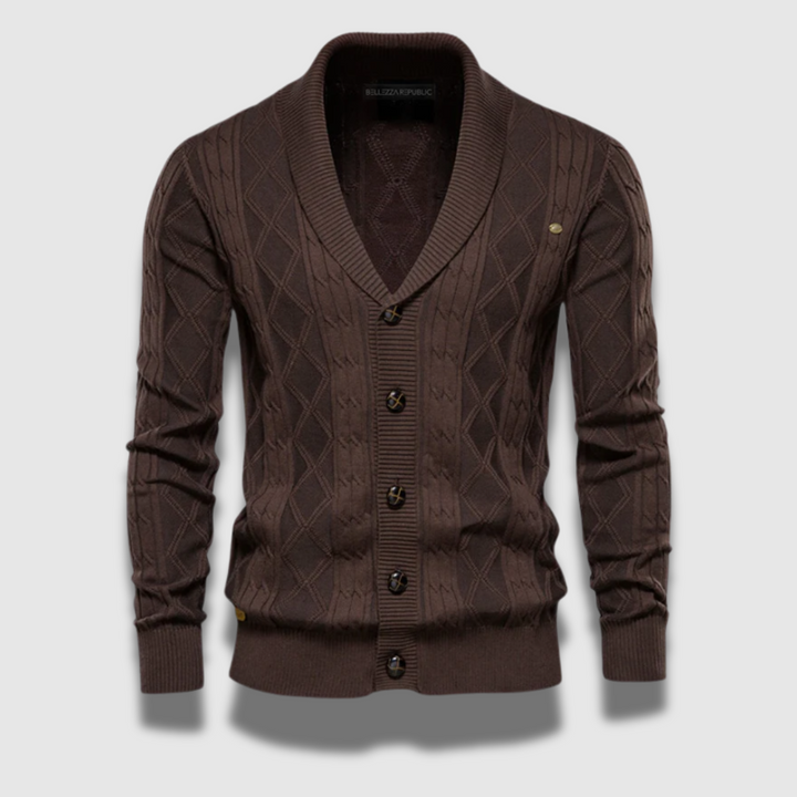 Cardigan uomo versatile con motivo geometrico per outfit eleganti o casual in autunno/inverno.