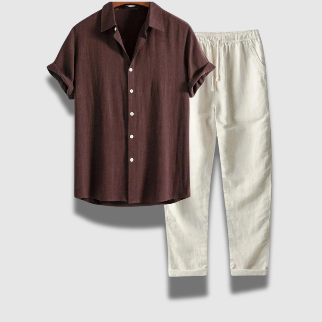 Completino casual uomo elegante, set camicia e pantaloni traspirante per outfit primaverile estivo versatile e confortevole.