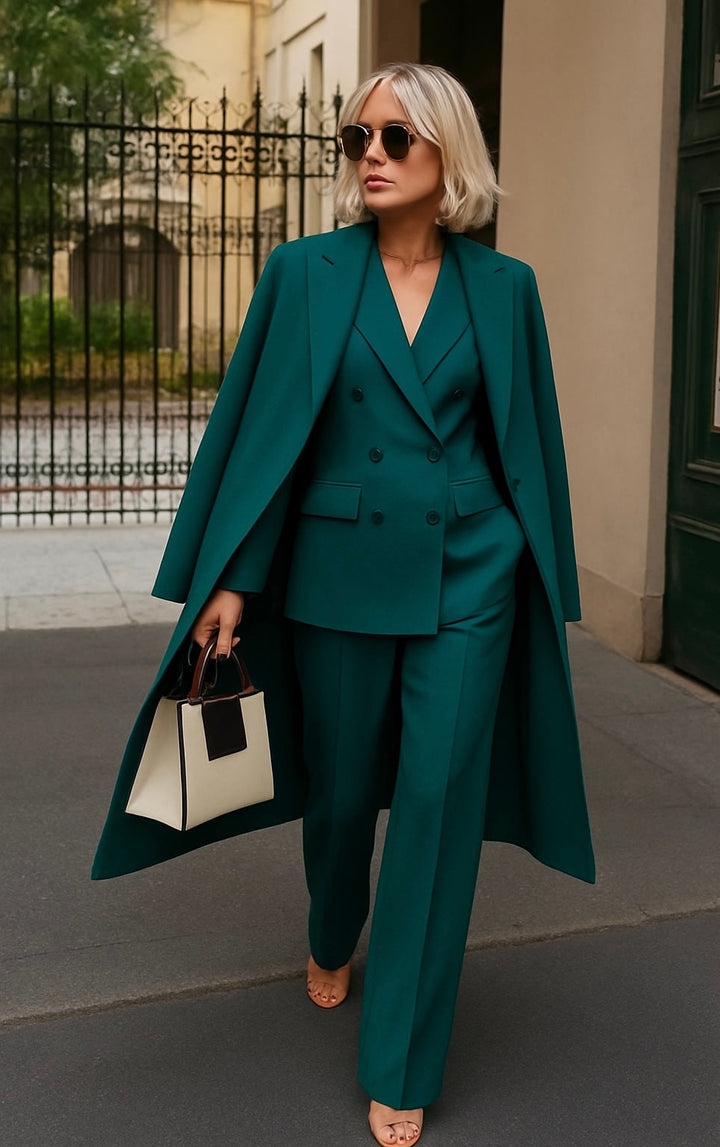 Moda femminile: completo tre pezzi elegante da donna con cappotto, blazer e pantaloni a vestibilità regolare.