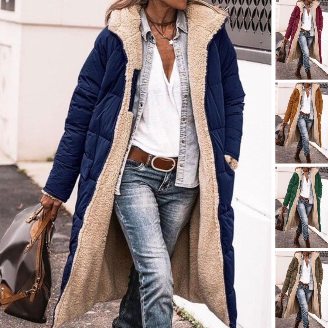 Cappotto moda donna reversibile, lungo ed elegante. Giacca invernale outerwear, per un look sofisticato.