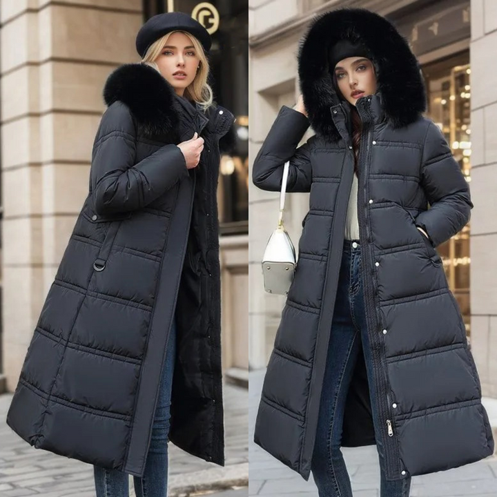 Cappotto lungo donna, piumino invernale caldo e avvolgente, perfetto per un look chic e protetto.