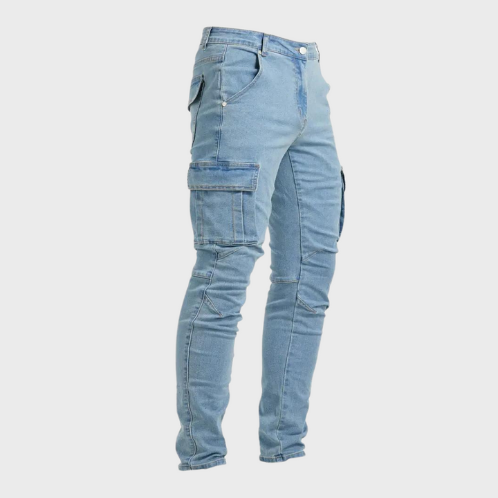 Pantaloni cargo uomo neri/azzurri per outdoor e casual, resistenti, stile moderno e comfort maschile.