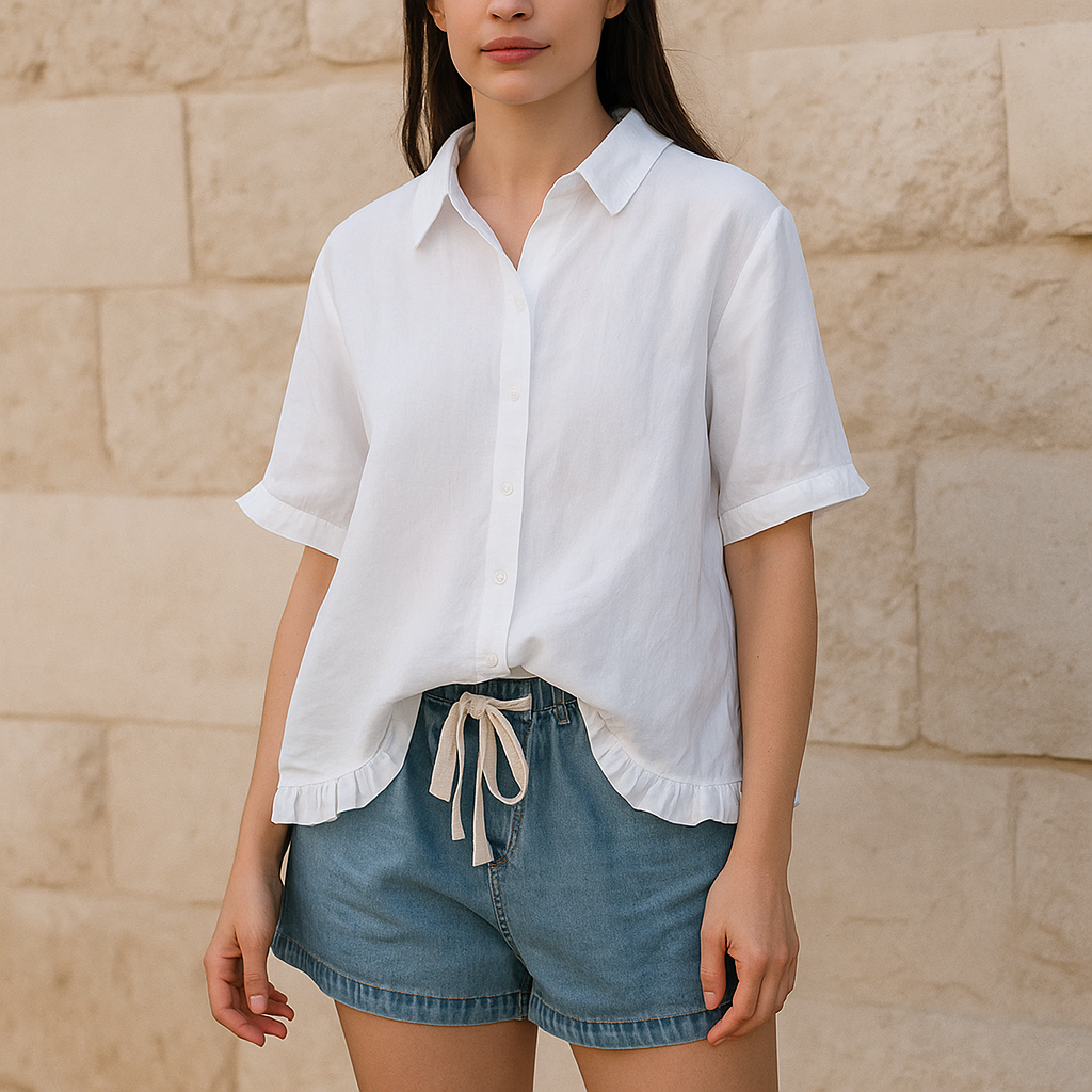 Camicia donna casual in cotone a maniche corte. Stile estivo versatile per un look comodo e alla moda.