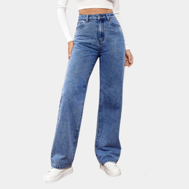 Jeans donna casual a vita alta, stile di tendenza, perfetti per comfort e moda quotidiana.