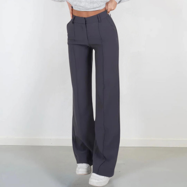 Pantaloni a vita alta da donna, gamba larga, eleganti. Ideali per outfit chic e versatili.