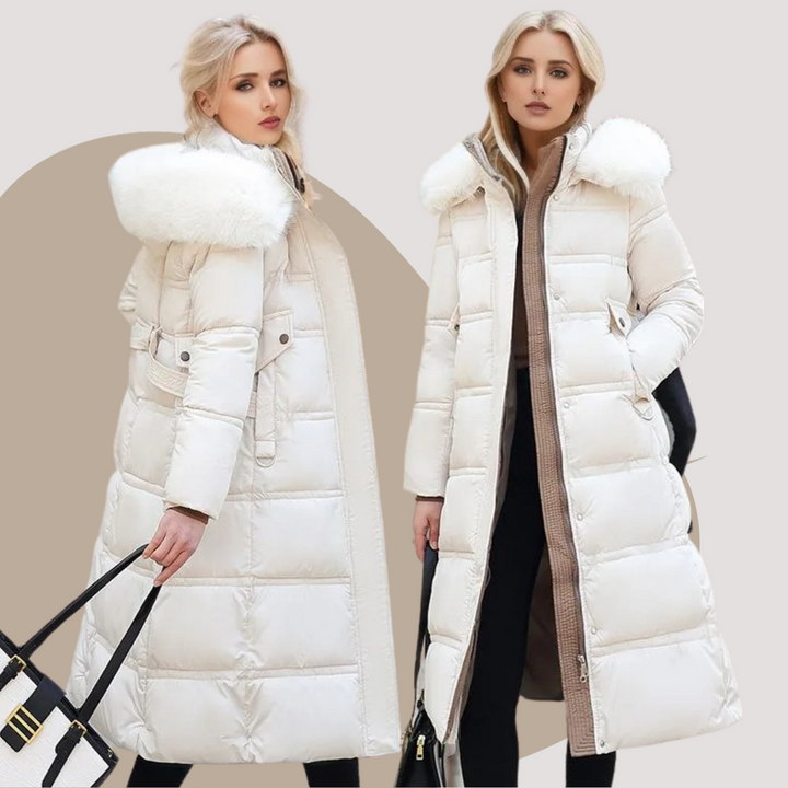 Cappotto invernale donna, piumino lungo elegante con cappuccio, calore e stile per l'inverno.