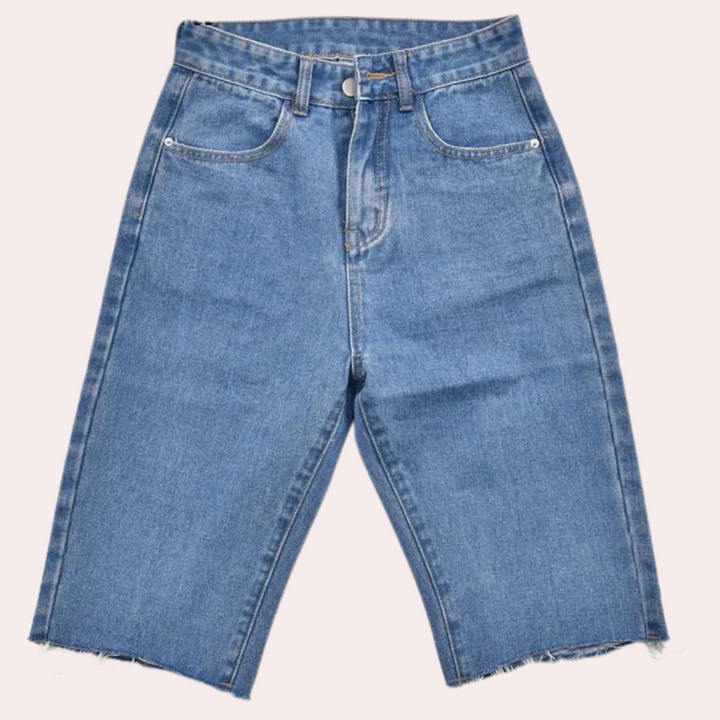 Shorts donna a vita alta blu, comodi e perfetti per un look estivo femminile, sia casual che da vacanza.