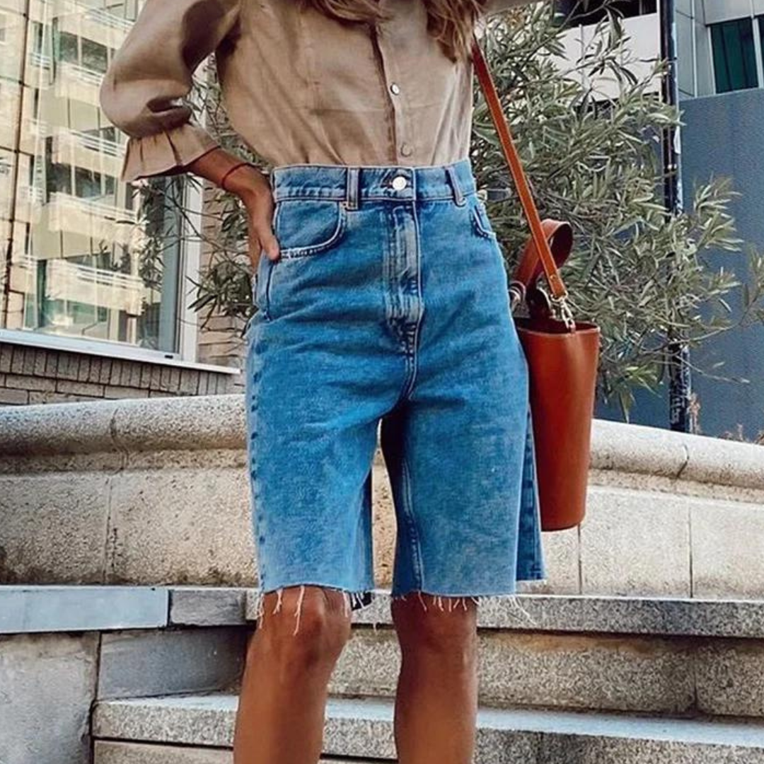 Pantaloncini estivi donna a vita alta, blu, ideali per abbigliamento casual e moda estiva comoda e stilosa.