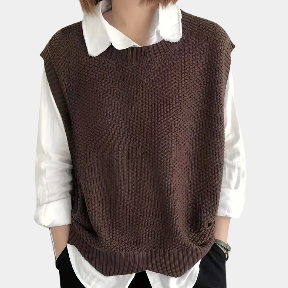 Gilet da donna girocollo oversize, ideale per un look casual e stratificabile. Comfort e stile moderno.