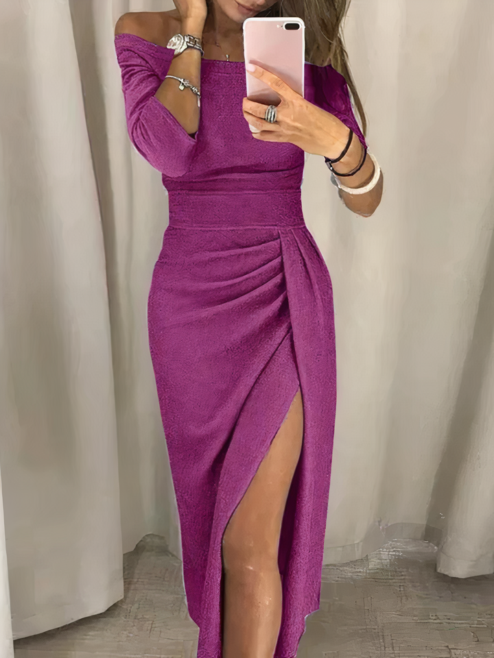 Vestito midi donna che esalta la figura, elegante, con scollo a V e spacco. Perfetto per un look autunnale chic.