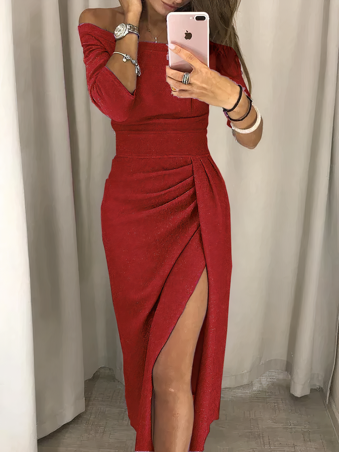 Abito midi donna elegante, scollo a V, spacco. Stile versatile per look da ufficio o serate autunnali.
